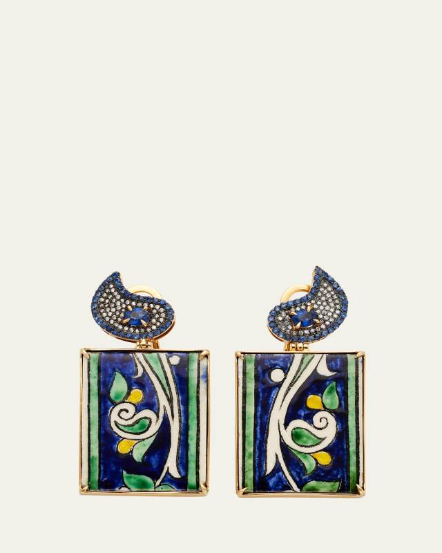 Yellow Gold Drop Earrings with Diamond, Blue Sapphire and Ceramic